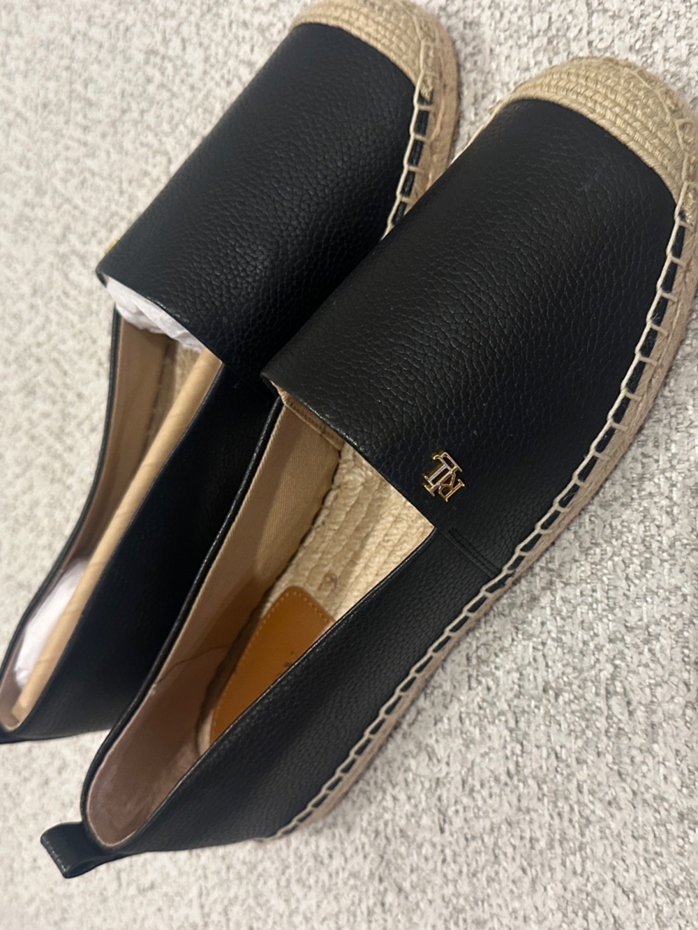 Ralph Lauren Black Leather Espadrilles Natural Jute Trim New size 8 Cameryn